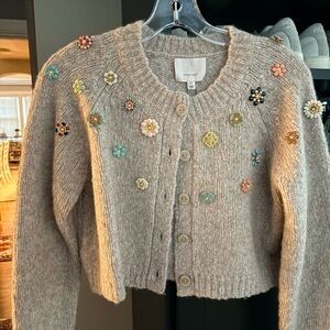 Cinq à Sept Gray Cardigan with Multicolor Floral Accents